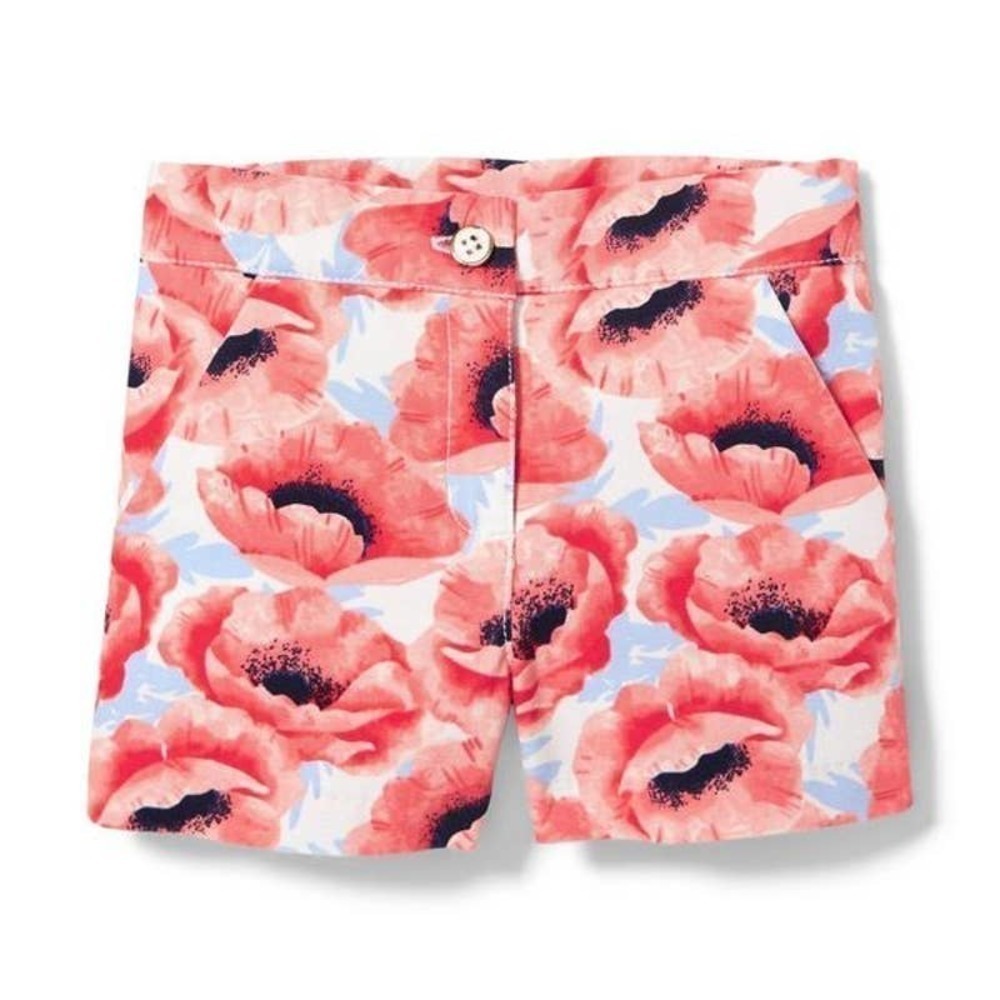 Janie And Jack Poppy Print Shorts Size 3 Front Pockets White Cotton Canvas